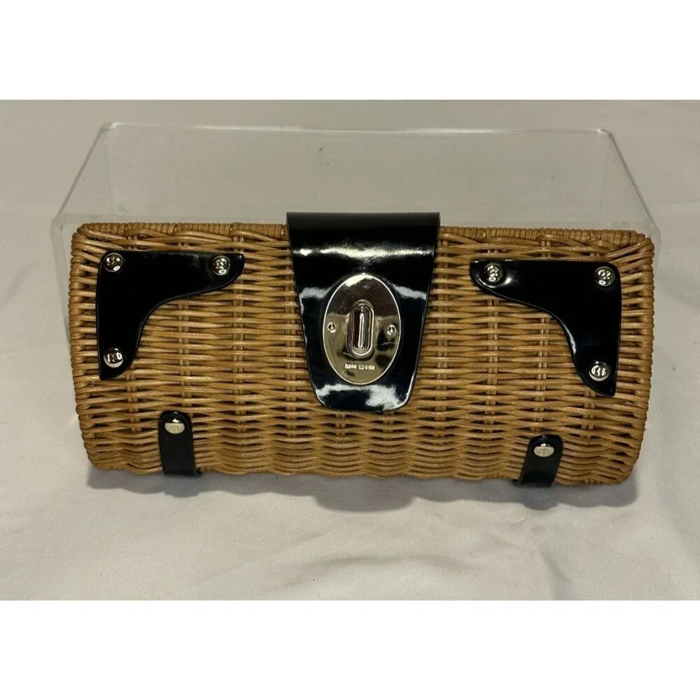 Kate Spade Wicker Rattan Clutch Black Patent Trim - Picture 1 of 7